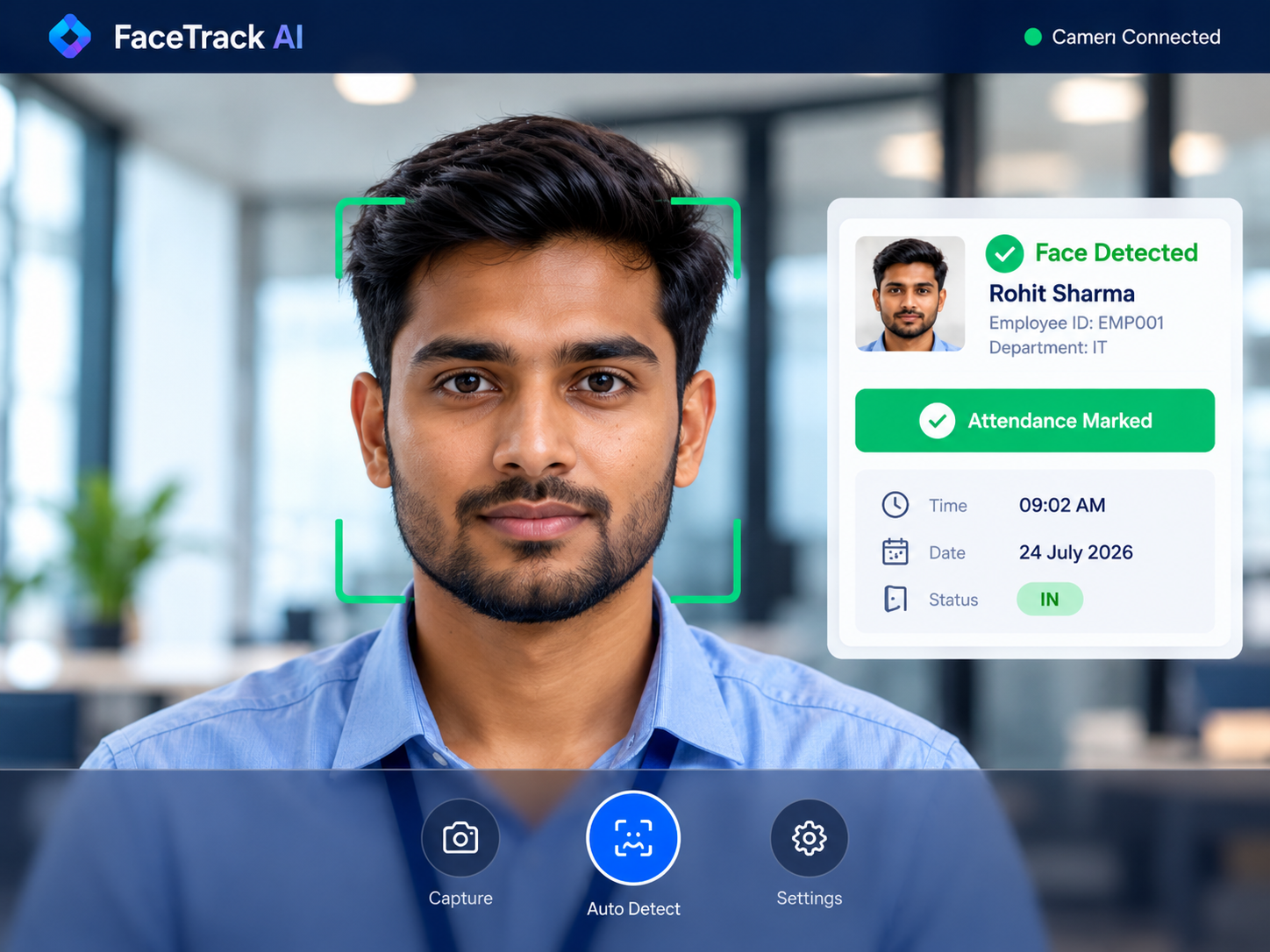 FaceTrack AI camera-based face recognition interface